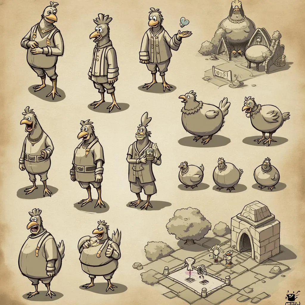 Early sketches of Chicken Road characters