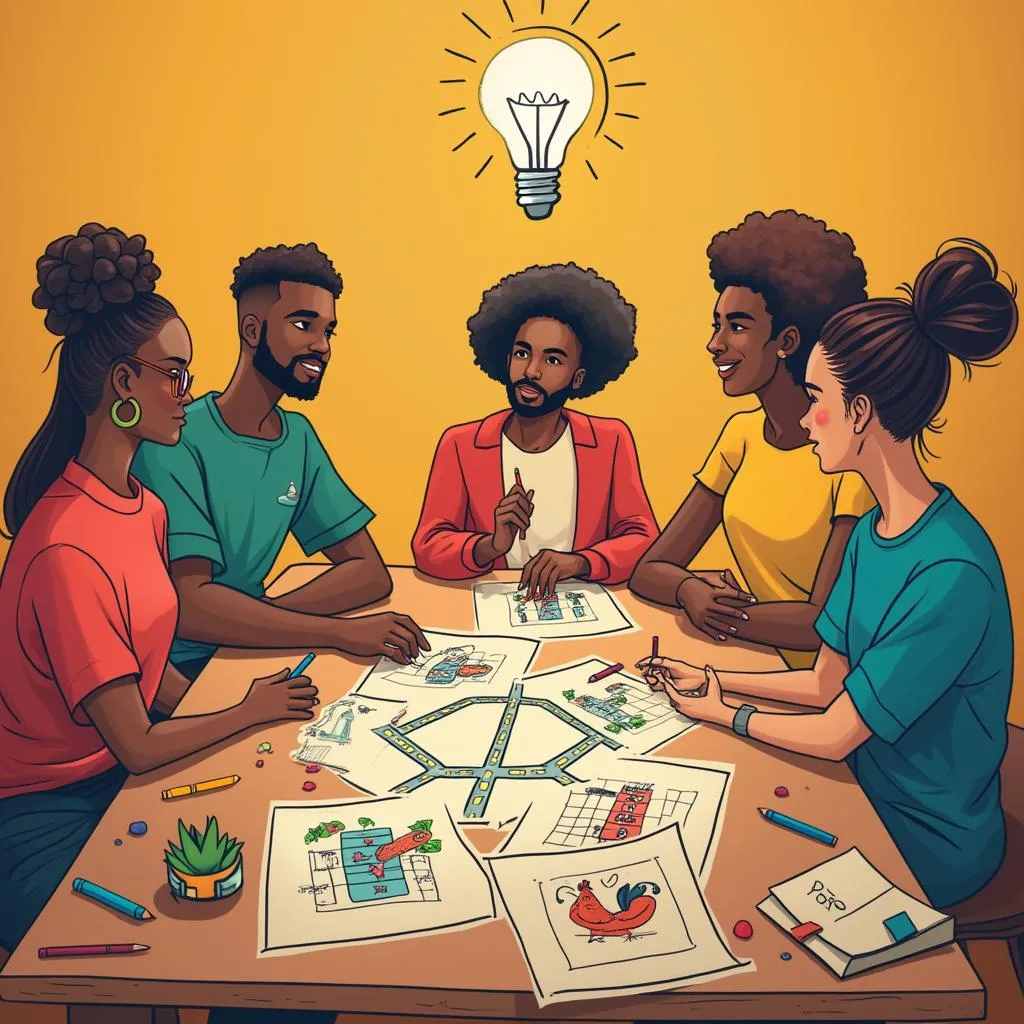 Artistic illustration of the Chicken Road game idea being born, sketches and happy people